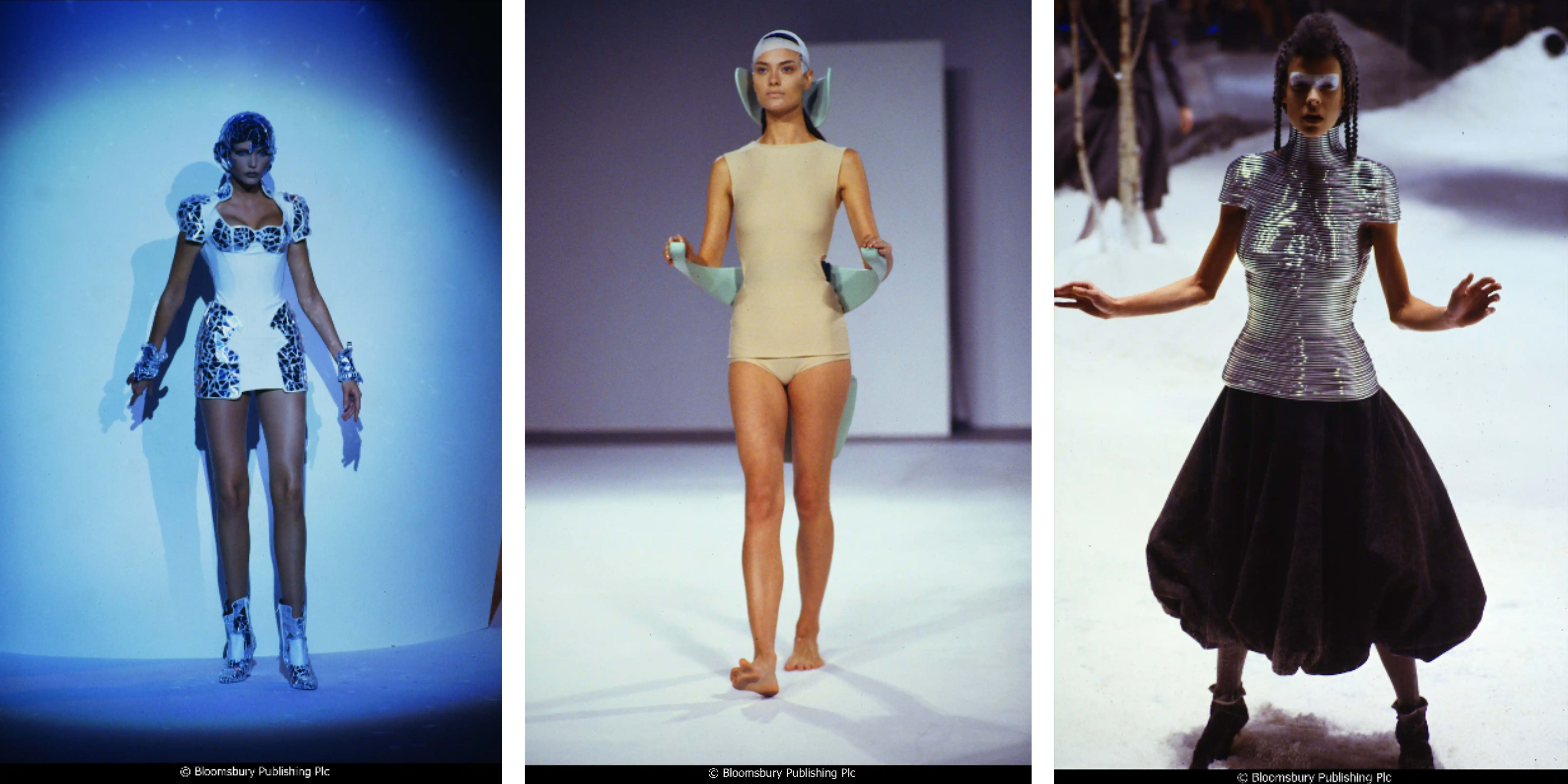 Three runway models wearing futuristic science-fiction inspired fashion outfits
