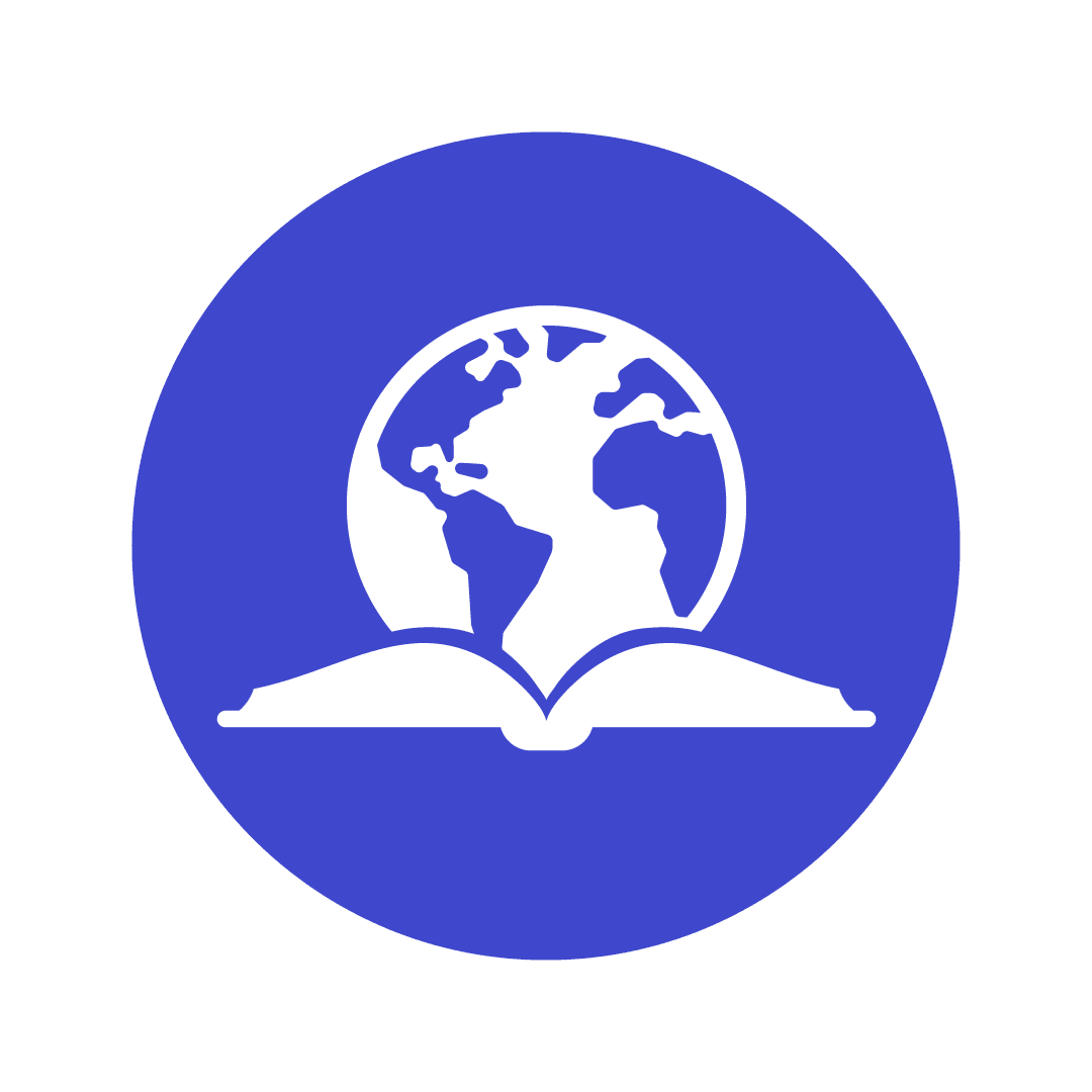 2D illustration of a globe and an open book against a blue circle background