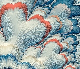 Abstract fractal artwork resembling layered, fan-shaped feathers in shades of blue, white, and coral red