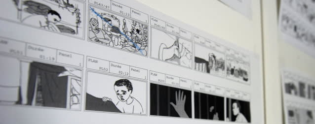 Storyboard of an animated movie using a rostrum camera is attached on a wall on September 17, 2015, at the new French center for animated movies in Vendome, central France.