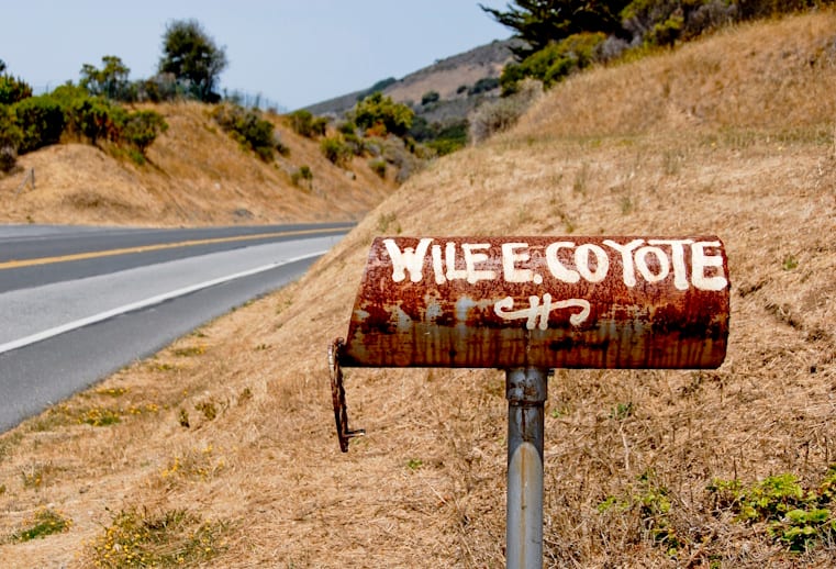 As a joke a mail box for cartoon character Wiley E. Coyote has been placed by this lonely California highway. (Photo by: Silentfoto via Getty)