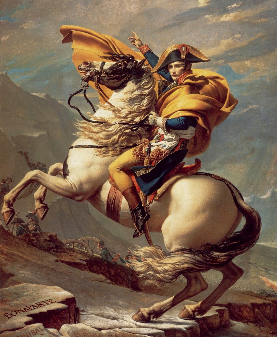 Neoclassical equestrian painting depicting a military leader on a rearing horse ascending a rocky mountainside.