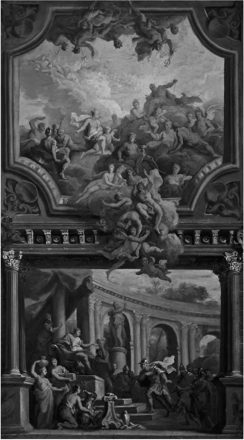 Baroque mythological scene with numerous classical figures arranged across a ceiling-like upper panel and an architectural lower panel.