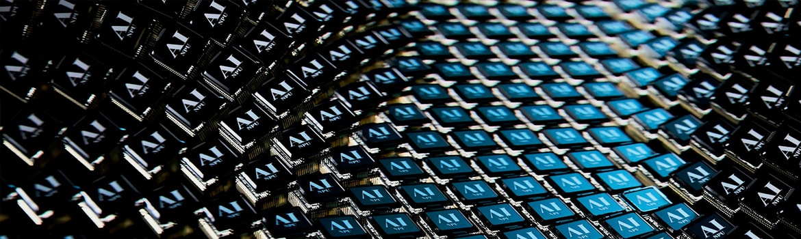 Image of blue and black keyboard in the shape of a wave with each key reading 'AI'