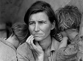 Migrant Mother by Dorothea Lange. Photograph depicts a woman with two children.