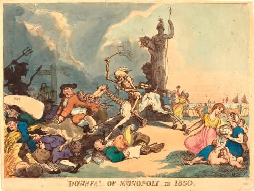 'Downfall of Monopoly in 1800', a hand-colored etching by Thomas Rowlandson.