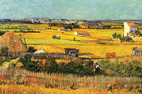 'Harvest at La Crau with Montmajour in the Background, 1880' by Vincent Van Gogh.