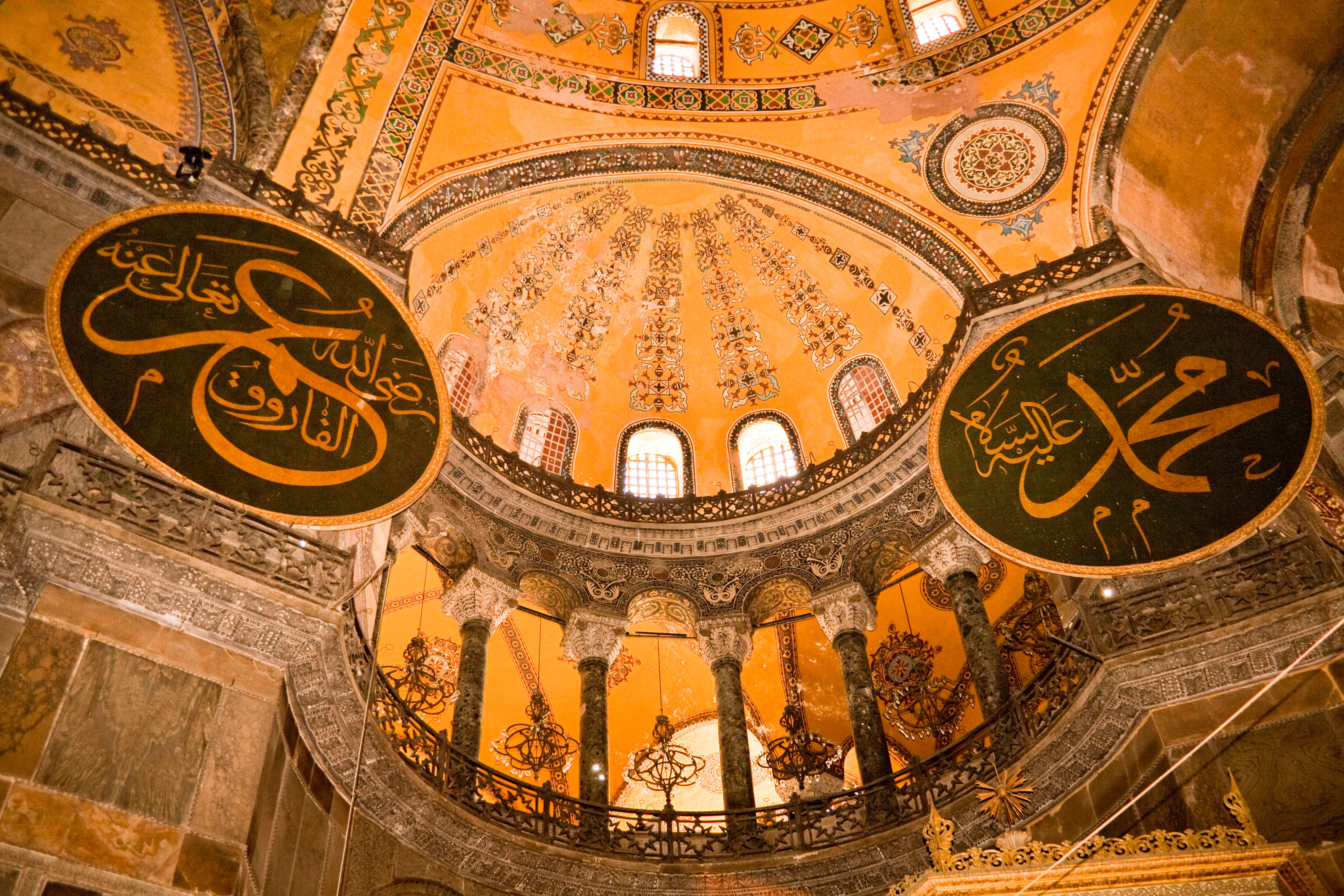 Picture of the ceiling and balcony inside Haghia Sophia Mosque, Turkey, Istanbul