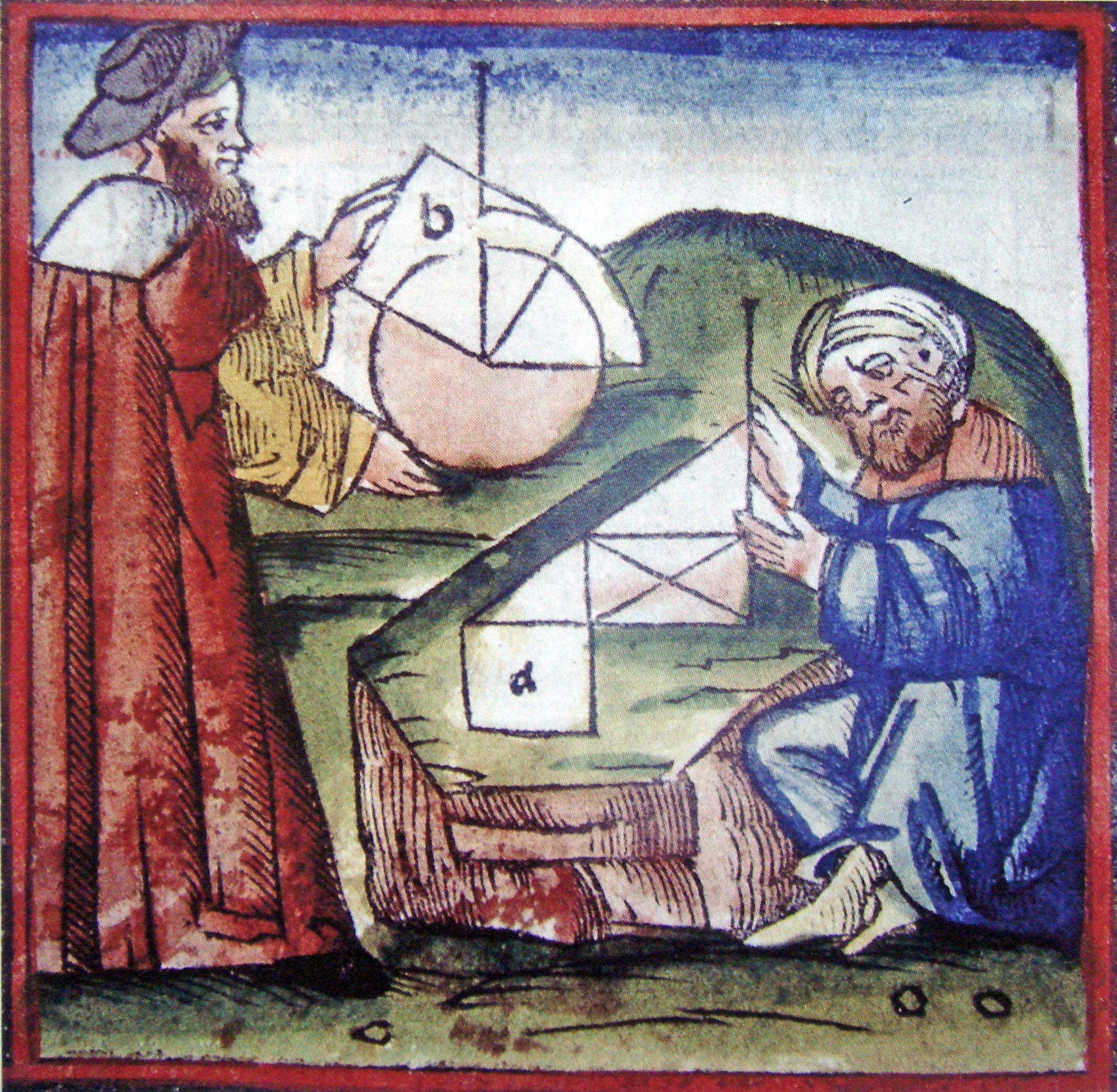 Image Showing Westerner and Arab practicing geometry 15th century manuscript.