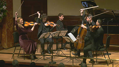 String quartet the Pavel Haas Quartet (violinsts Veronika Jarůšková and Marek Zwiebel, violist Šimon Truszka and cellist Peter Jarůšek) with the pianist Boris Giltburg perform at London's Wigmore Hall on Tuesday 21 January, 2025. © Wigmore Hall