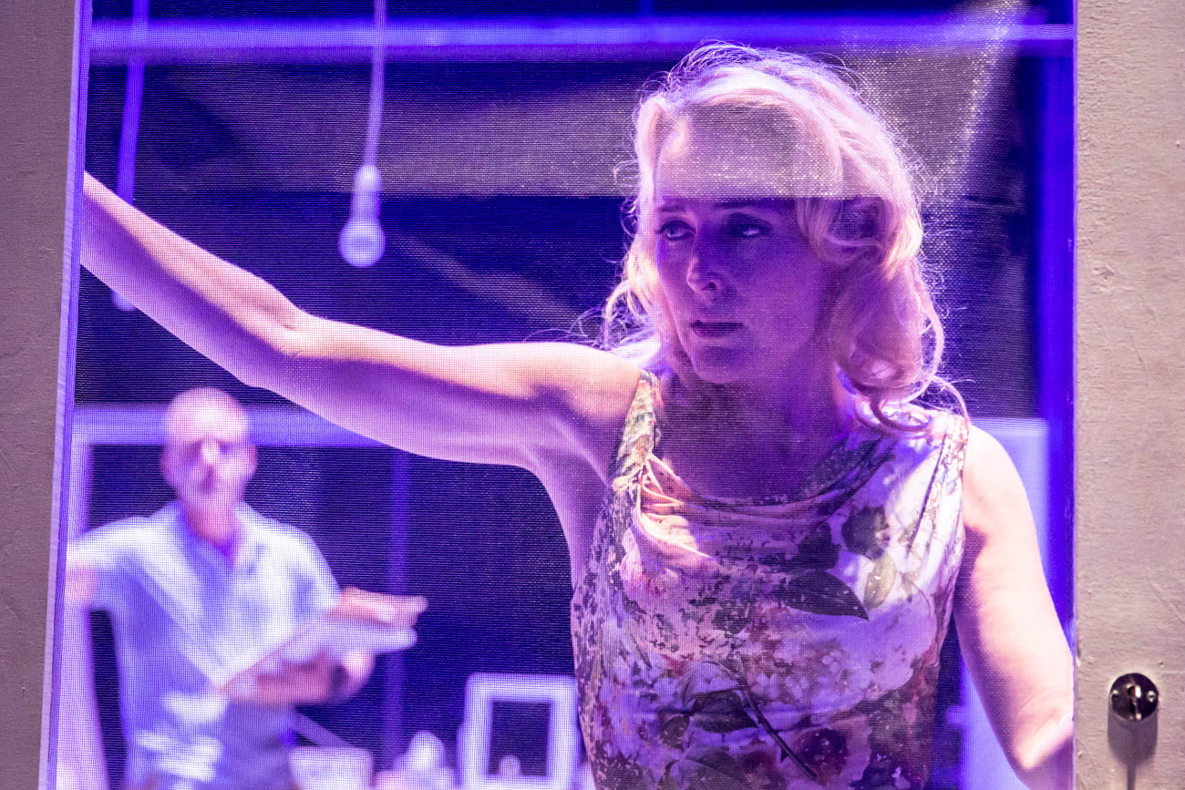 Gillian Anderson stands looking through a screen door in a production of A Streetcar Named Desire; a man in a blue shirt is out of focus standing in the middle distance behind her. Credit line: A Streetcar Named Desire Photo by Johan Persson