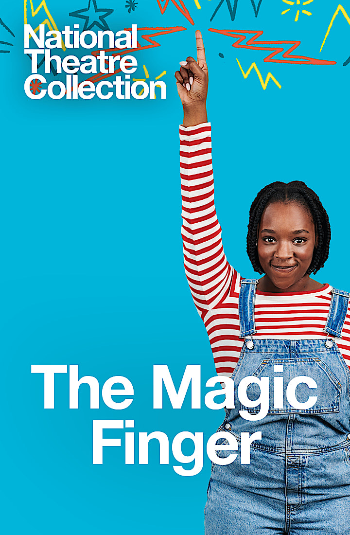 Corinna Brown looks at the camera and smiles while pointing upwards in a production of The Magic Finger, recorded for the National Theatre