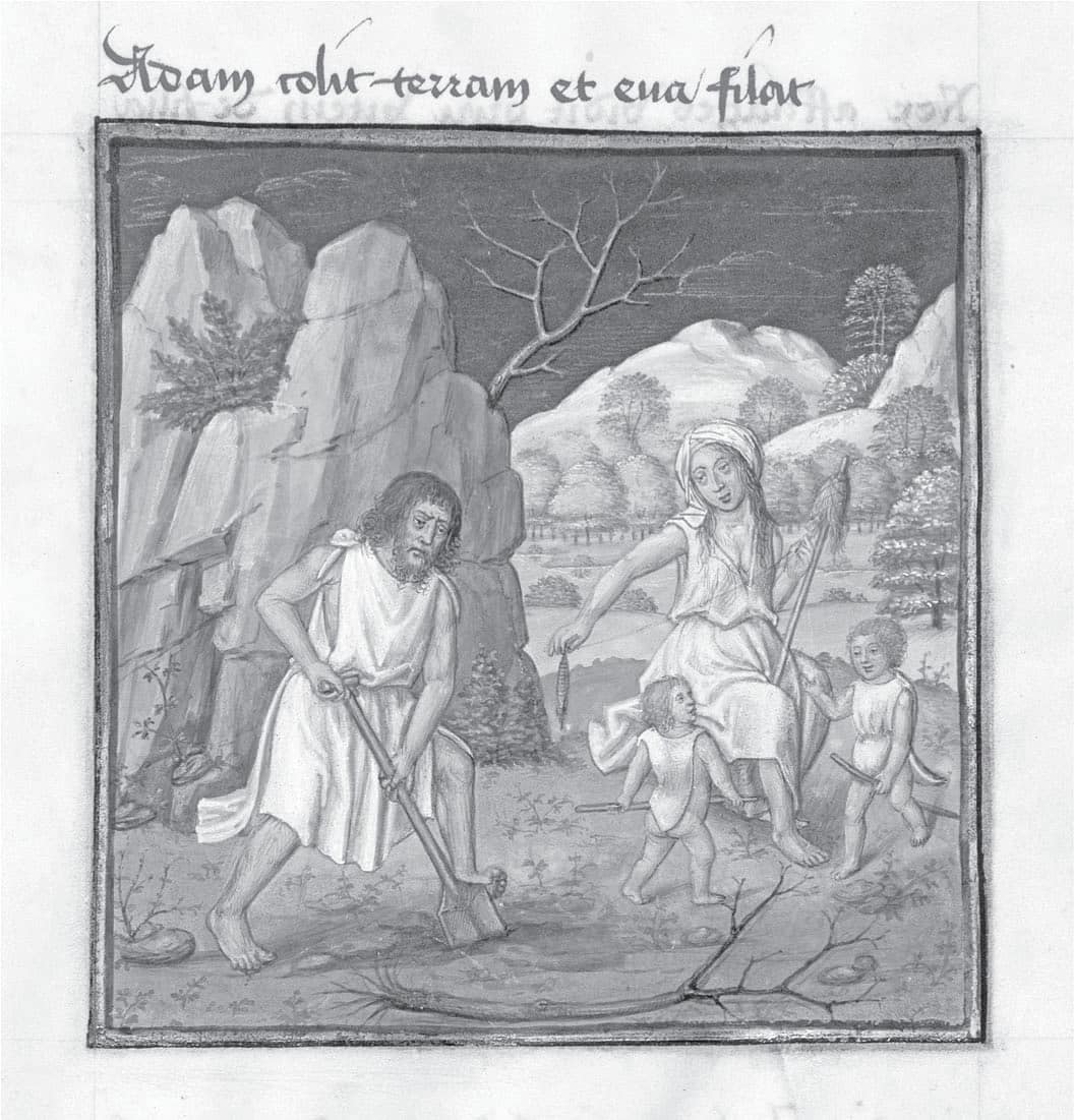 Figure 6.3 The Labors of Adam and Eve. Mirror of Human Salvation. Chantilly, Musée Condé, MS 139, fol. 4 recto. France, fifteenth century.