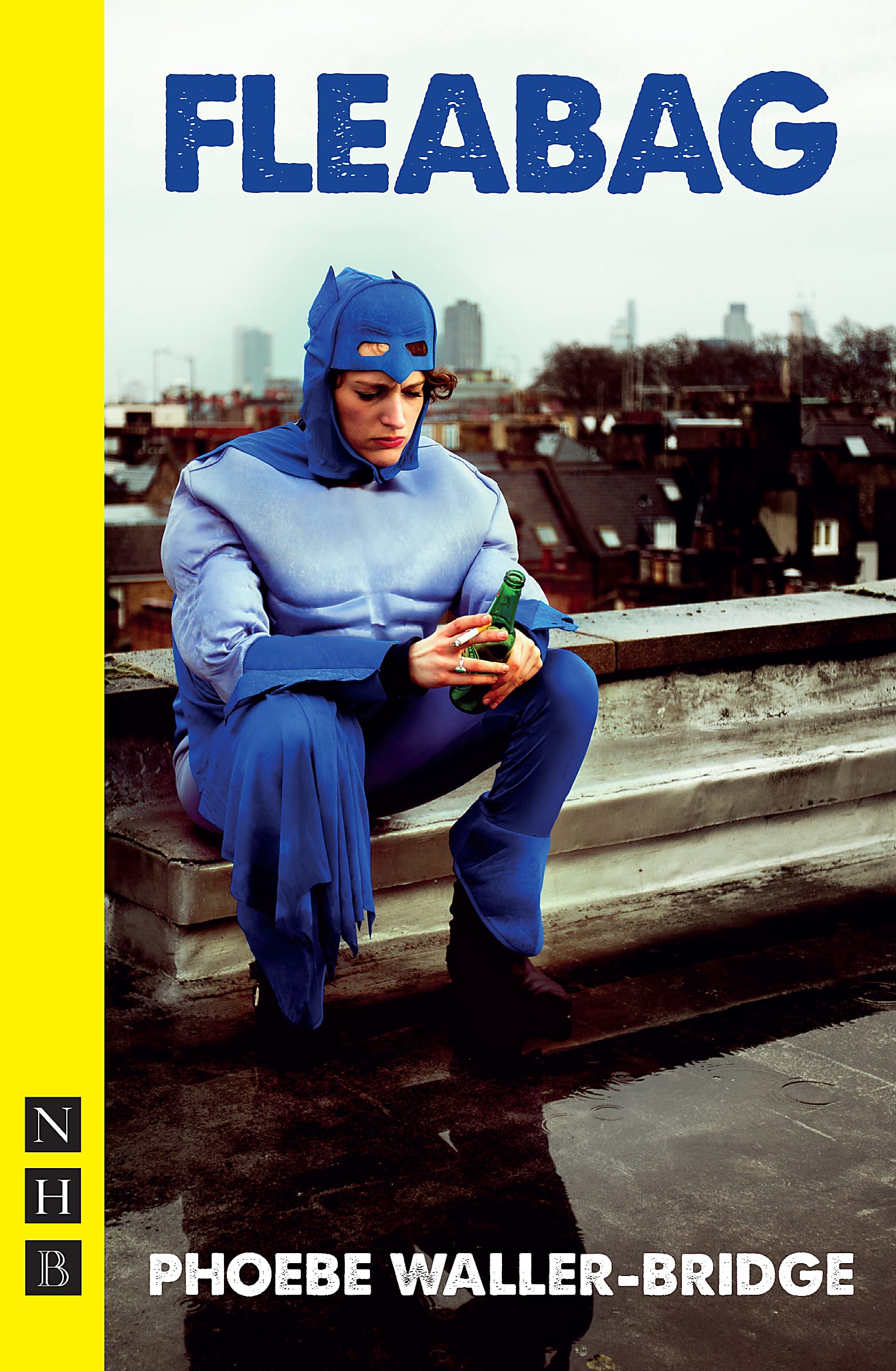 Phoebe Waller Bridge sits on a rooftop in a blue puffer jacket on the front cover of Fleabag