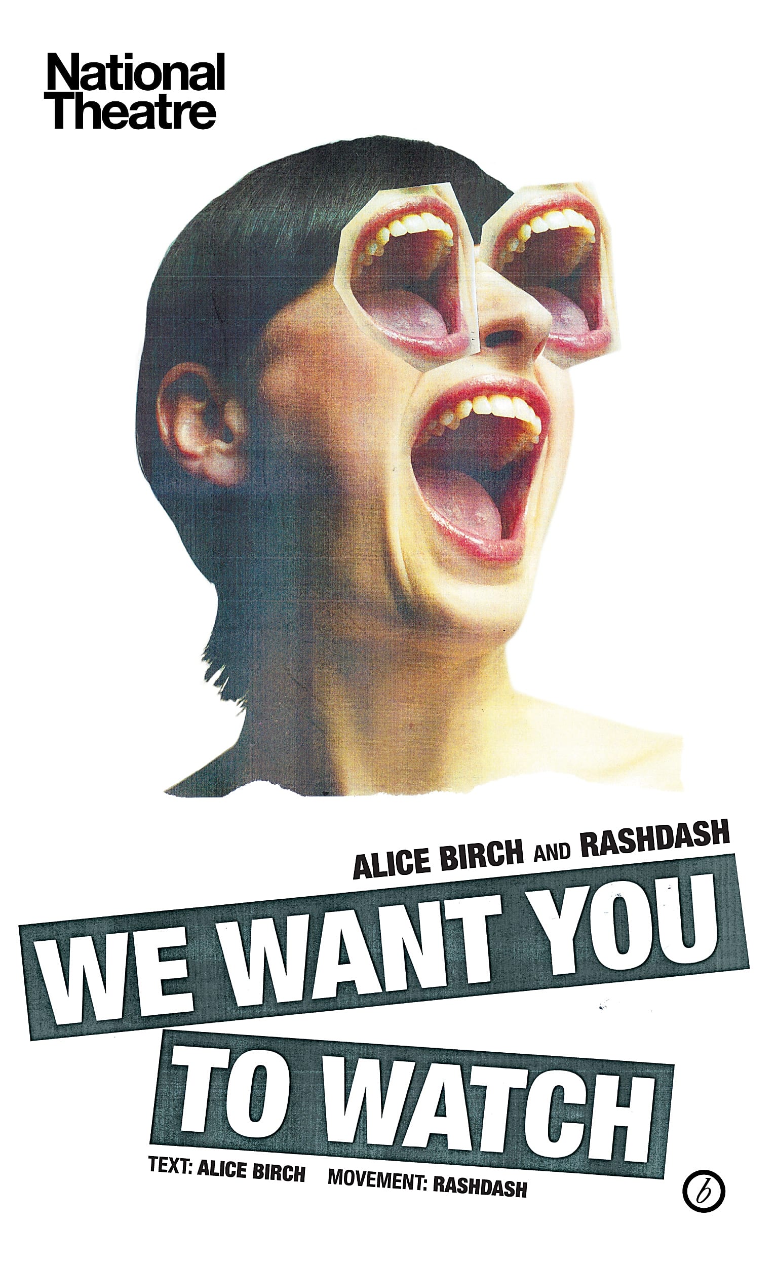 A woman wearing red lipstick has her mouth open and her eyes are replaced by images of her mouth on the front cover of We Want You to Watch by Alice Birch and RashDash