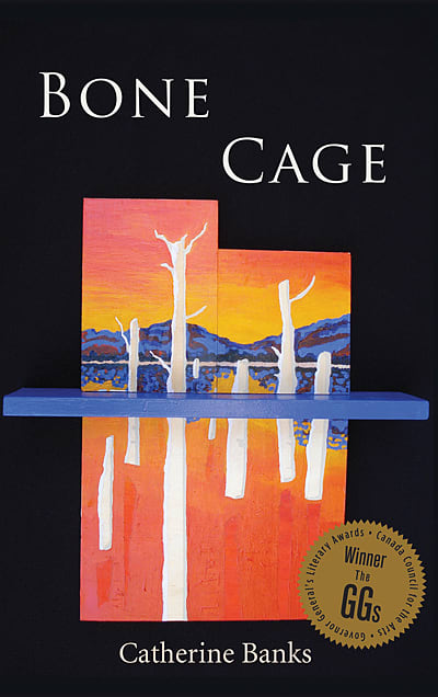 A painting depicts bare white trees on the front cover of Bone Cage by Catherine Banks