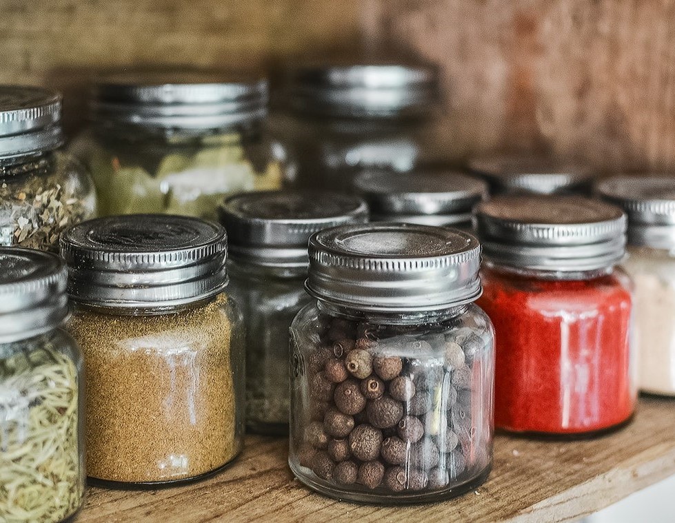 Spice bottles on a shelf