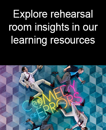 Looking up from above, 4 actors are dancing in a circle around the title The Comedy of Errors in a Royal Shakespeare Company production 