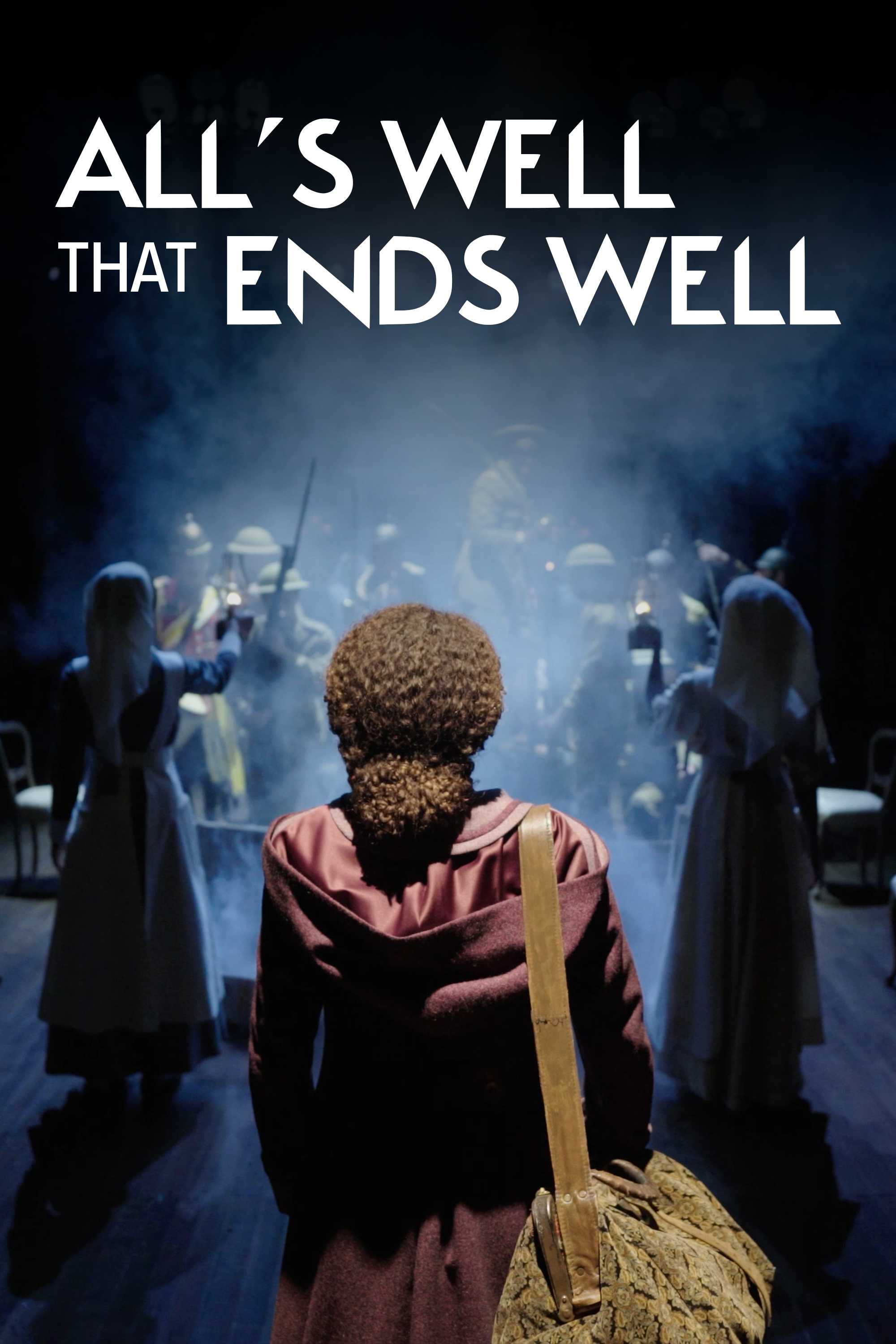 An actress with her back turned, a bag hanging from her right shoulder, looking towards a group of women on a dimly lit stage in the production of All's Well That Ends Well for Stratford Festival