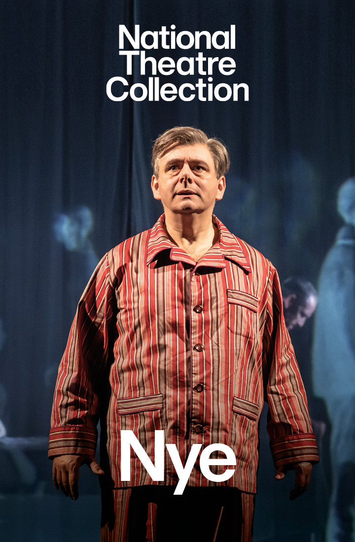 Image Cover for the play Nye featuring actor Michael Sheen in striped pijamas in a theatrical lighting background