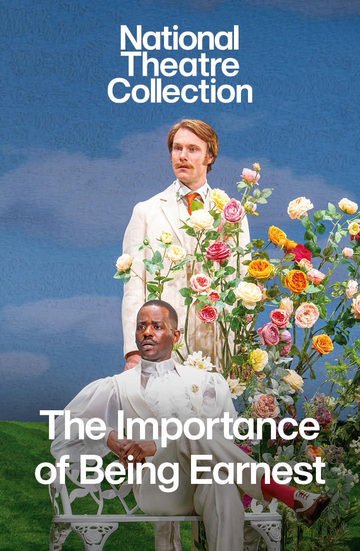 Cover image of The Importance of Being Earnest featuring actor Ncuti Gatwa in a white elegant outfit with another actor in a white suit standing behind him in a light blue background and a big flower bouquet next to them