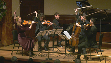 String quartet the Pavel Haas Quartet (violinsts Veronika Jarůšková and Marek Zwiebel, violist Šimon Truszka and cellist Peter Jarůšek) with the pianist Boris Giltburg perform at London's Wigmore Hall on Tuesday 21 January, 2025. © Wigmore Hall