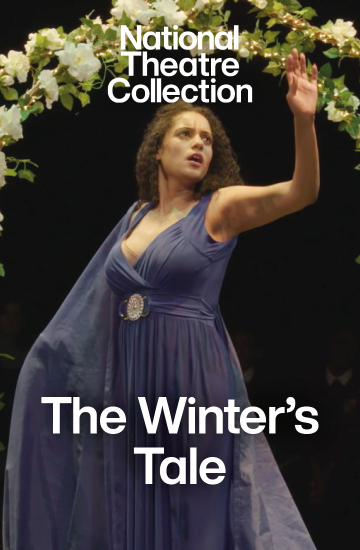 An actress in a blue dress in the production of The Winter's Tale directed by Justin Audibert