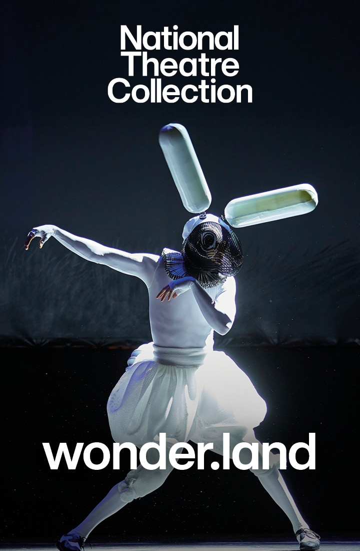 An actor in a white rabbit costume in Rufus Norris' production wonder.land