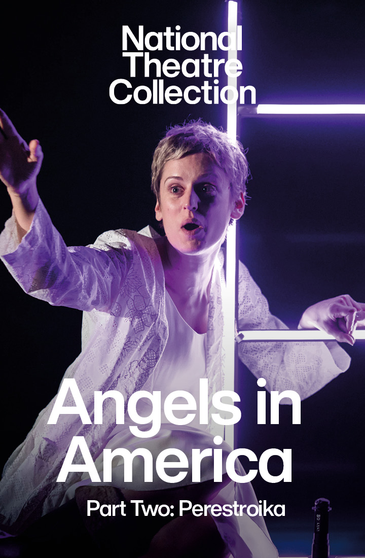 An actor dressed in white leans on a metal ladder, onstage in Angels in America Part Two, recorded for the National Theatre