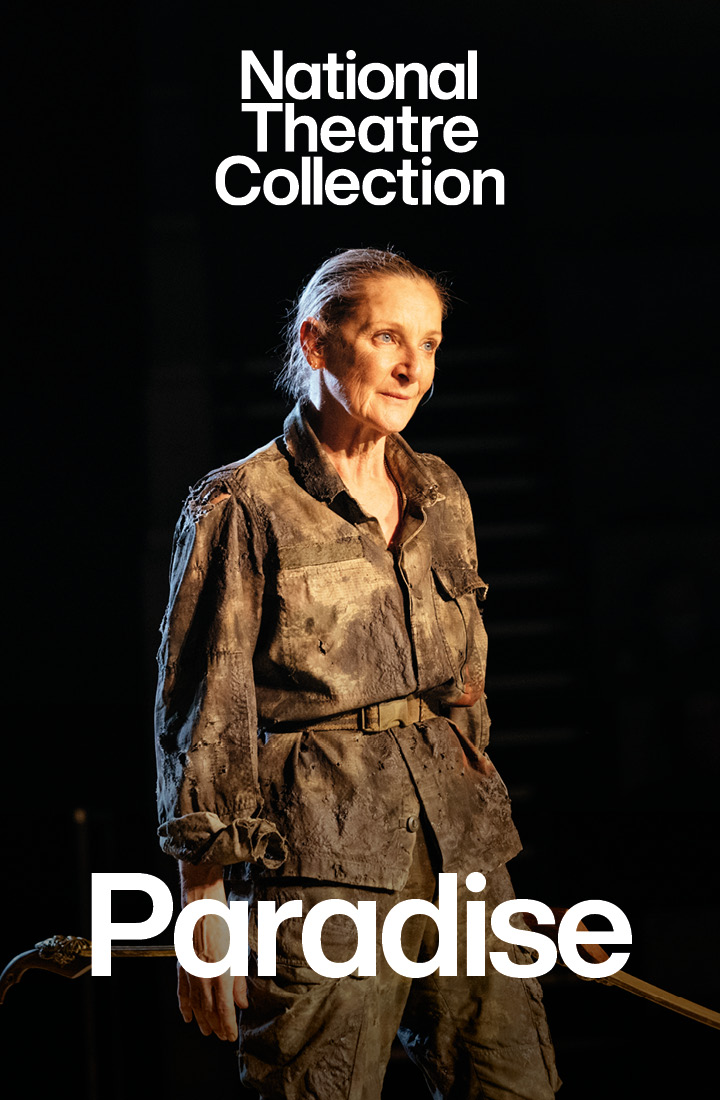 An actress wearing an army outfit starring in Paradise, a production recorded for the National Theatre