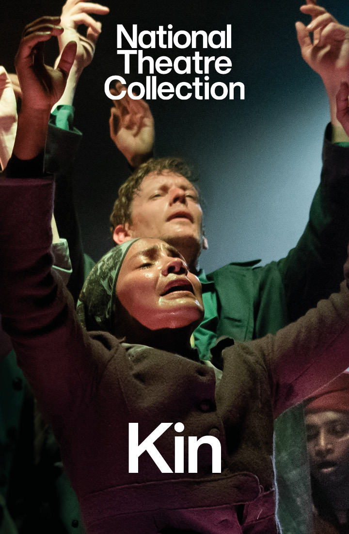 Cover image of the play Kin featuring emotionally intense actors with their arms raised