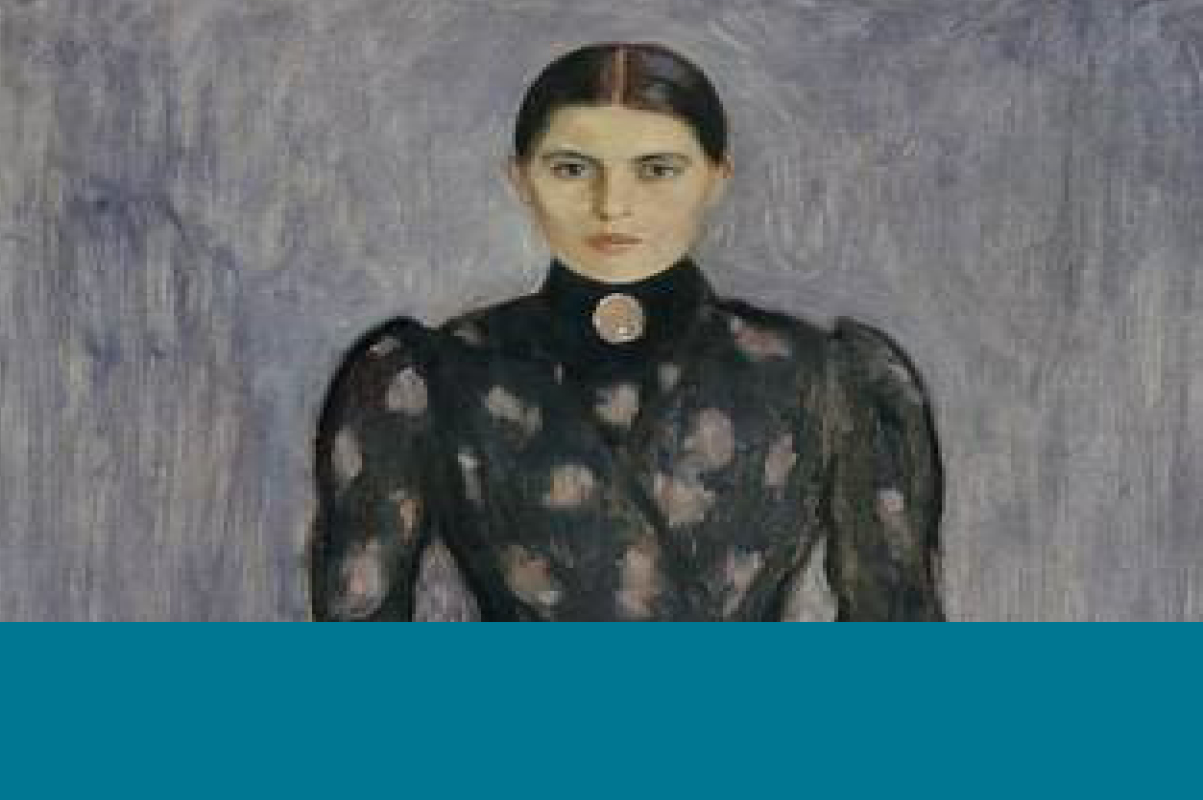 portrait of a young woman with dark hair pulled back, wearing a black high-necked Victorian-style dress with puffed sleeves and a pale floral or cameo brooch at the collar. A Doll's House by J. Lothian © National Gallery, Norway 1998