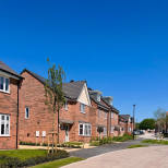 A paved walkway leads past newly built brick houses with manicured lawns under a clear blue sky.