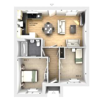 A modern apartment floor plan features a living area with sofas and a dining table in the foreground, and two bedrooms, a bathroom, and a kitchen in the background.