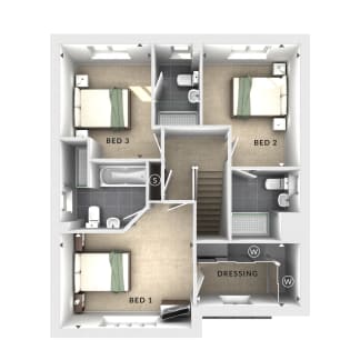 A bird's-eye view of a house's upper floor shows three bedrooms, a dressing room, and bathrooms in the foreground, with a staircase and hallway connecting them in the background.