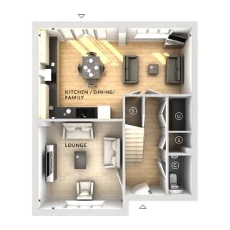 A top-down view of a modern house reveals a lounge area in the foreground and a kitchen/dining/family room with a staircase leading to upper levels in the background.