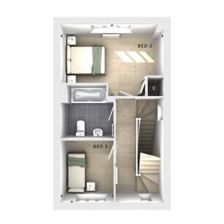 A floor plan displays two bedrooms and a bathroom in the foreground, with a staircase and hallway leading to another bedroom in the background.