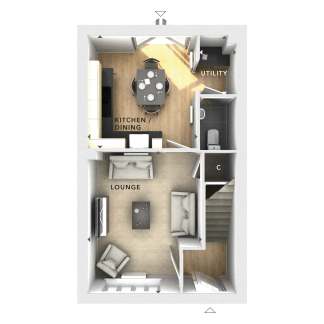 A floor plan displays a lounge with sofas and a coffee table in the foreground, leading to a kitchen/dining area with a table and chairs, a utility room, and a WC in the background.