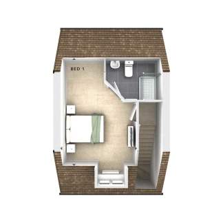 A bird's-eye view of a bedroom with a bed and nightstands in the foreground, and a bathroom with a toilet and shower, along with a staircase, in the background.