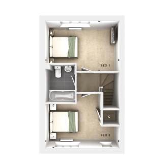 A floor plan layout of a small residential space, featuring two bedrooms, a bathroom, and various storage and utility areas.
