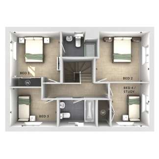 A bird's-eye view of a house's upper floor plan displays four bedrooms, two bathrooms, and a central staircase, with each room furnished with beds and nightstands.