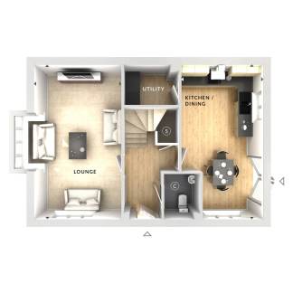 A modern floor plan displays a living room with sofas and a coffee table in the foreground, leading to a kitchen and dining area with a table and chairs in the background.
