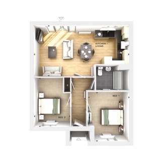 A modern apartment layout features two bedrooms and a combined kitchen and living area in the foreground, with a hallway and bathroom visible in the background.