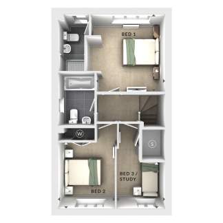 A bird's-eye view of a house floor plan displays two bedrooms and a bathroom in the foreground, with a third bedroom/study and a staircase leading to the background.