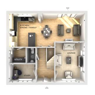 A bird's-eye view of a modern house floor plan displays a kitchen, dining, and family area in the background, with a utility room, study, and lounge in the foreground.