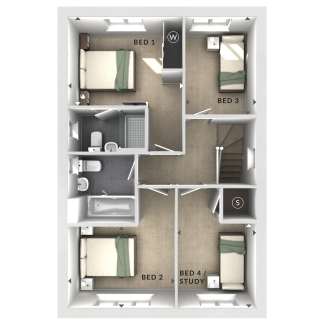 A floor plan layout of a multi-bedroom residential unit, featuring four bedrooms, a study area, and various other functional spaces.