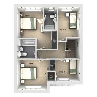 Four bedrooms, two bathrooms, and a staircase are visible in this aerial view of a house's upper floor.