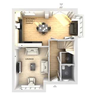 A floor plan displays a lounge with sofas and a TV in the foreground, leading to a kitchen/dining/family area and a staircase with a bathroom in the background.
