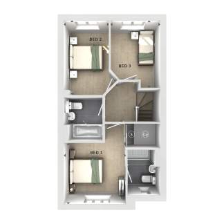 A bird's-eye view of a house's upper floor reveals three bedrooms, a bathroom, and a staircase in the foreground, with the exterior walls and windows forming the background.
