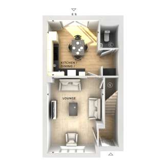 A floor plan displays a lounge area with sofas and a coffee table in the foreground, leading to a kitchen/dining area with a table and chairs, and a toilet in the background.